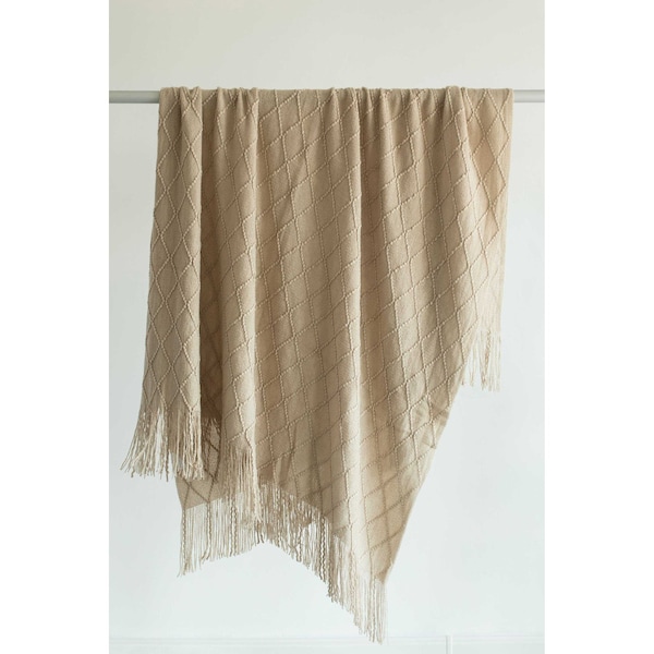 Decorative Diamond Pattern Knit Throw Blanket With Fringe, Khaki